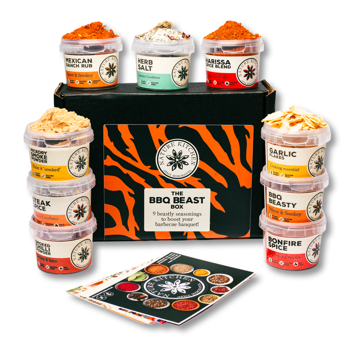 BBQ Beast Box is selection of seasonings ideal for Grilling and Outdoor adventure cooking. hickory smoke - steak spice smoked chilli powder garlic flakes bbq beasty seasonig bonfire spice mexican ranch rub herb salt harissa